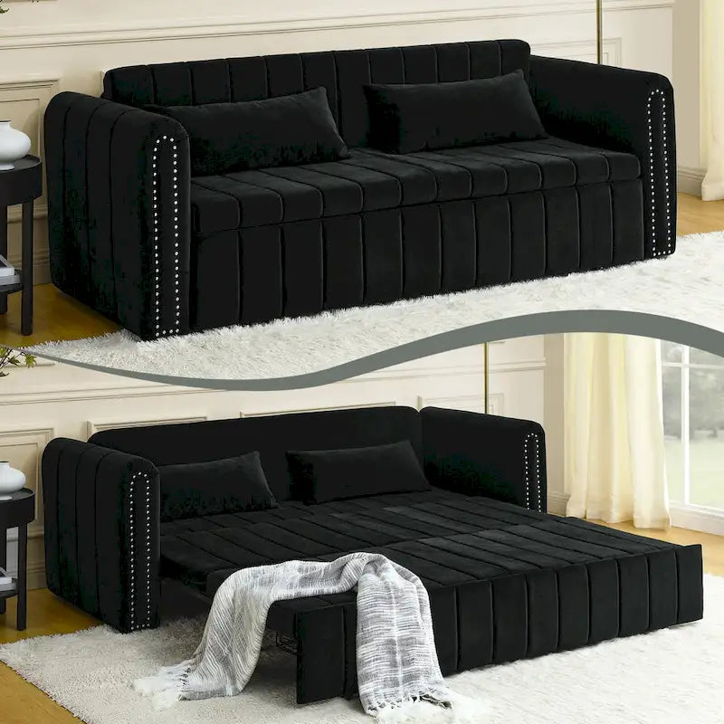 Divano letto moderno convertibile imbottito in velluto con braccioli arrotolati decorati con borchie in rame