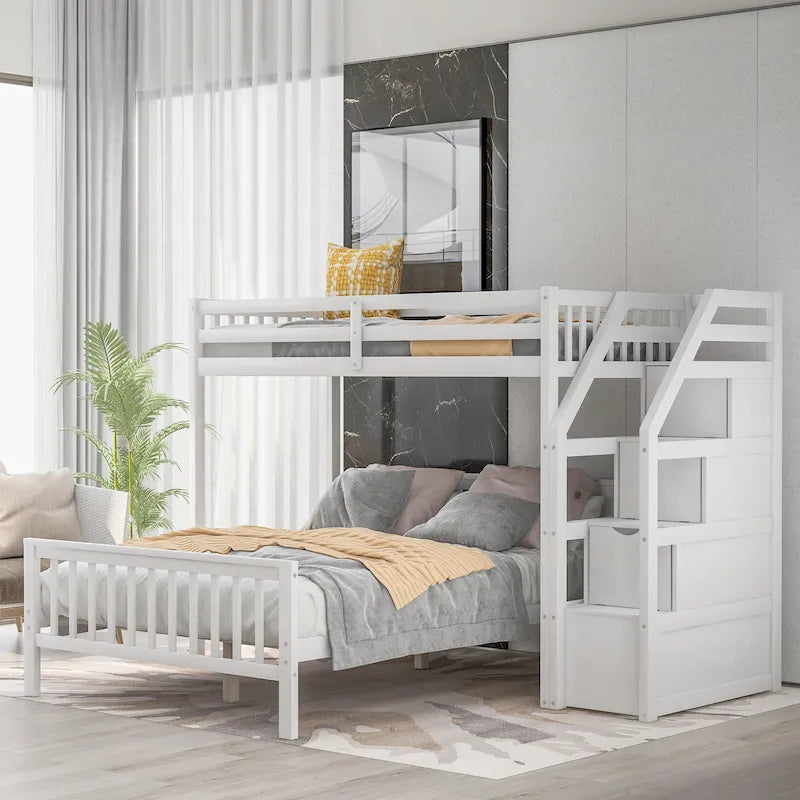 Letto a soppalco in legno per due persone con scale, sponde alte e scaletta