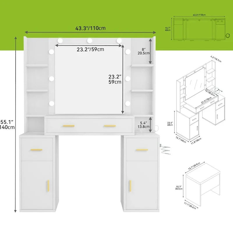 Toeletta con prese incorporate e specchio illuminato, 55,1A x 43,3L x 15,74P