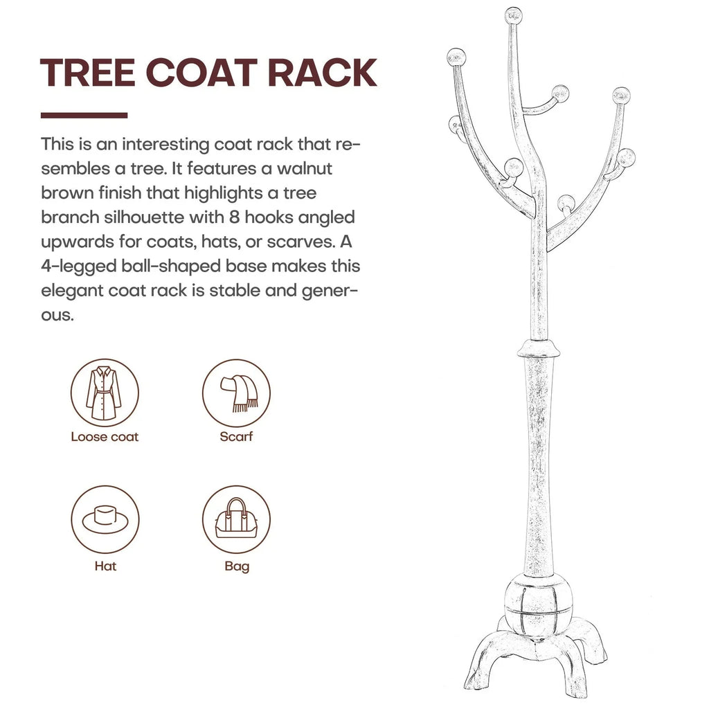 Appendiabiti da terra "ramo d'albero" in legno di gomma con 8 ganci - 24,5L x 70,87H