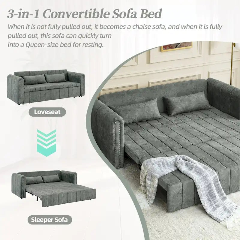 Divano letto moderno convertibile imbottito in velluto con braccioli arrotolati decorati con borchie in rame