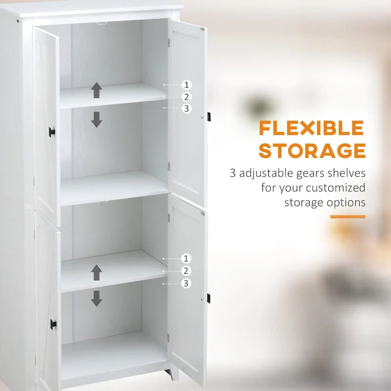 HOMCOM 72 Freestanding 4-Door Kitchen Pantry, Storage Cabinet Organizer with 4-Tiers, and Adjustable Shelves, White