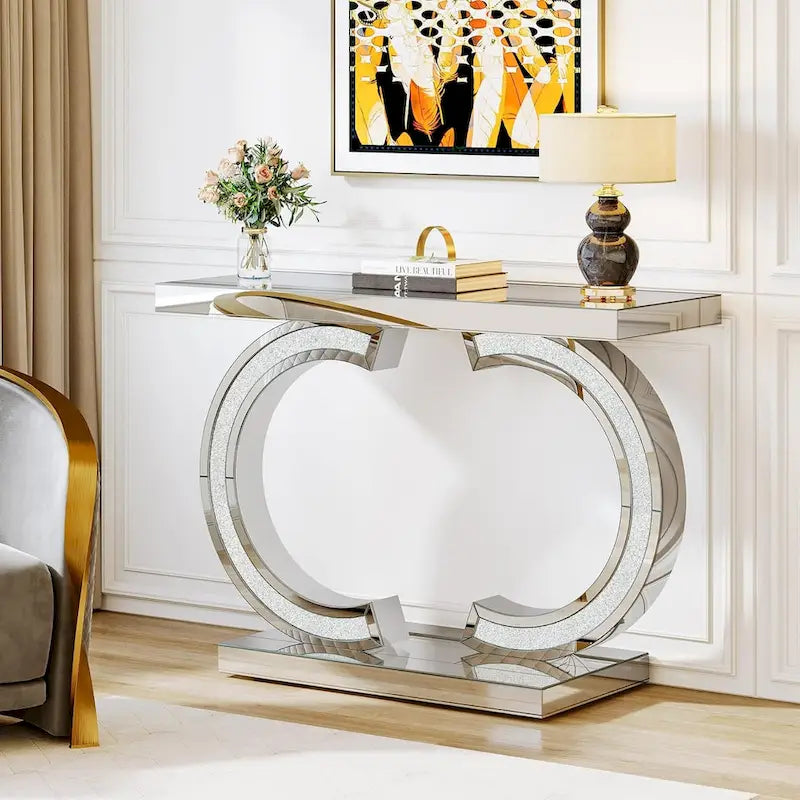 Console da Tavolo Argentata, Tavolino d'Ingresso con Specchio da 99 cm per Ingresso