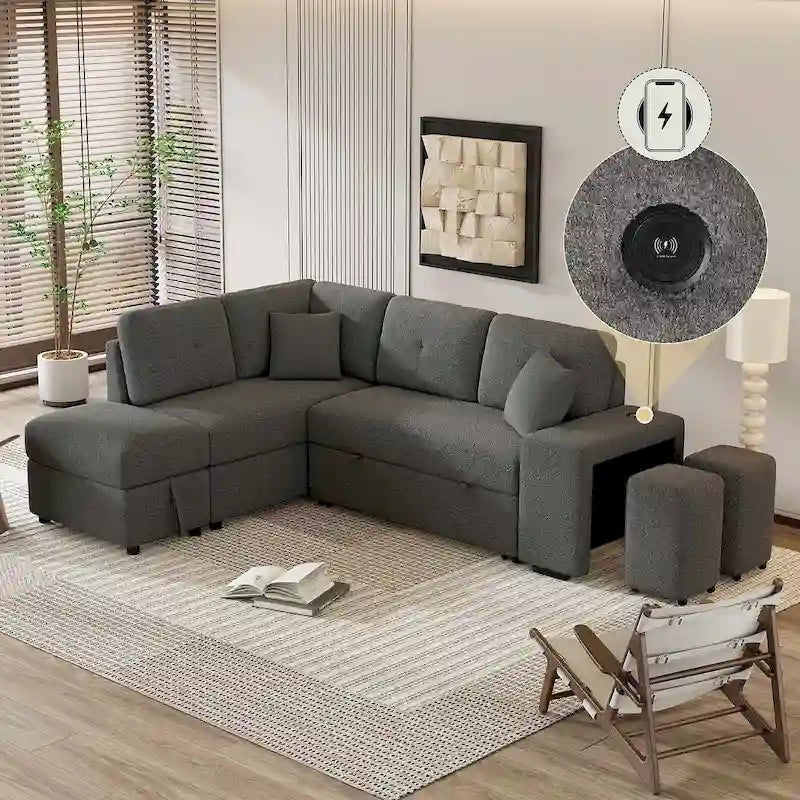 Divano componibile con letto estraibile e pouf contenitore, divano letto convertibile per soggiorno