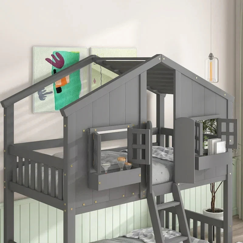Letto a castello a casetta singolo su singolo con tetto, finestra, fioriera, porta, con sponde di sicurezza e scaletta, Grigio