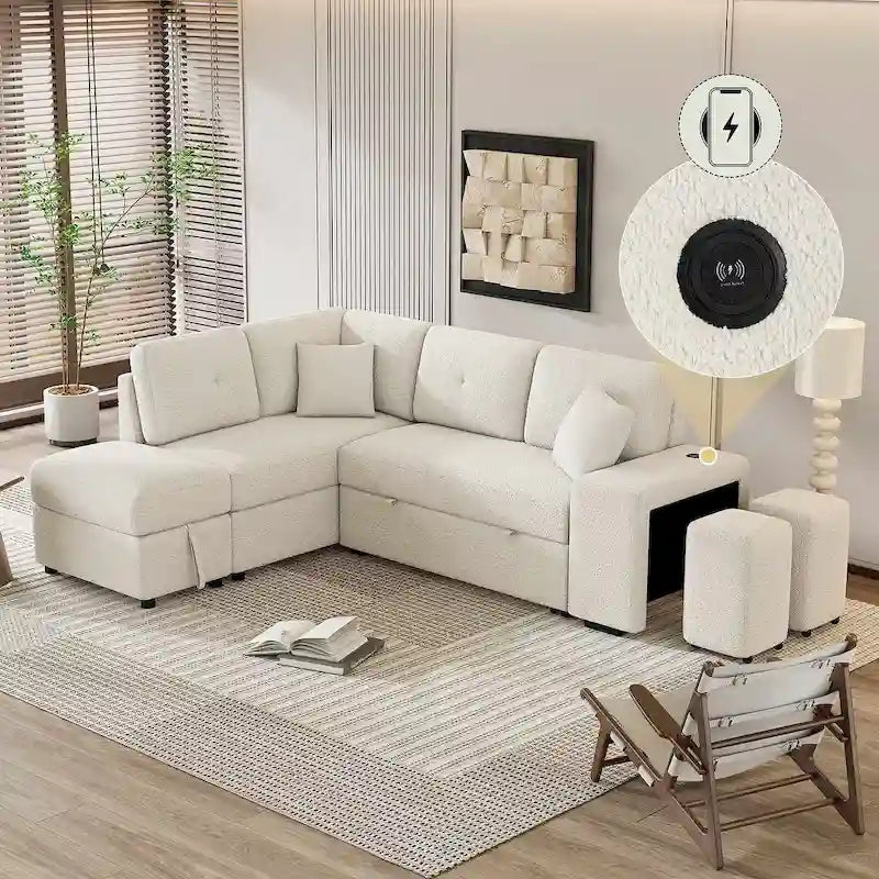 Divano componibile con letto estraibile e pouf contenitore, divano letto convertibile per soggiorno