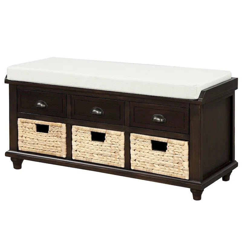 Panca rustica contenitore con 3 cassetti e 3 cesti in rattan, panca portascarpe per soggiorno, ingresso