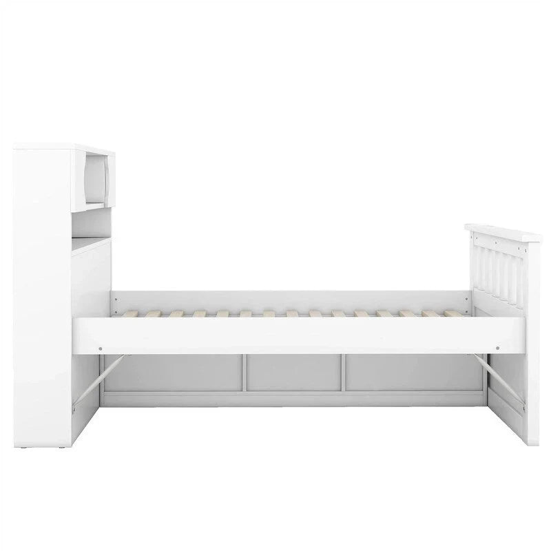 Letto a piattaforma Twin/Full Size Captain con 4 cassetti e mensole portaoggetti, struttura letto in legno massello con testiera libreria contenitore