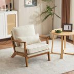 Poltrona d'accento rivestita in misto lino con gambe in legno e un cuscino, beige