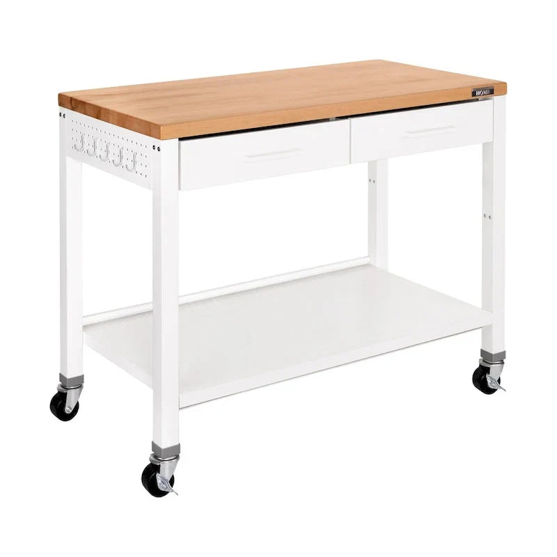 Tavolo da lavoro a isola con piano in legno massello, 48 W x 24 P x 36 H, bianco