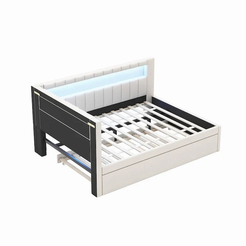 Letto imbottito a piattaforma con porte USB e illuminazione a LED - Struttura letto matrimoniale/singola con 2 cassetti portaoggetti - Camera da letto moderna