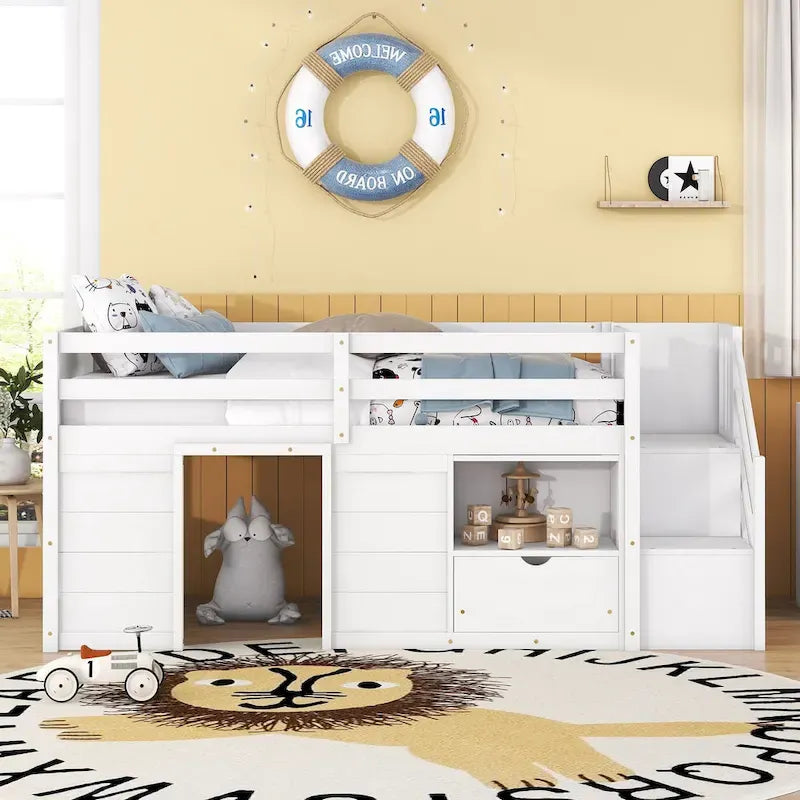 LETTO SINGOLO, LETTO A CASTELLO BASSO SINGOLO IN LEGNO MASSELLO CON SCALA, CASSETTO E SCAFFALE DI COLORE GRIGIO