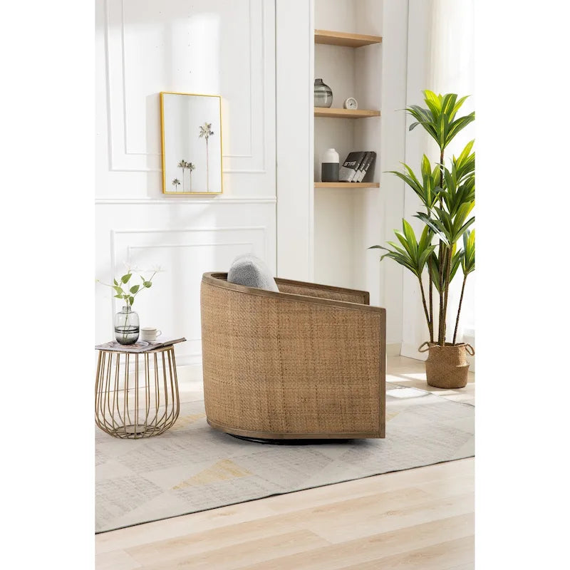 Poltrona a botte girevole, comoda poltrona rotonda d'accento, poltrona club a botte girevole a 360 gradi, poltrona relax con struttura in rattan intrecciato