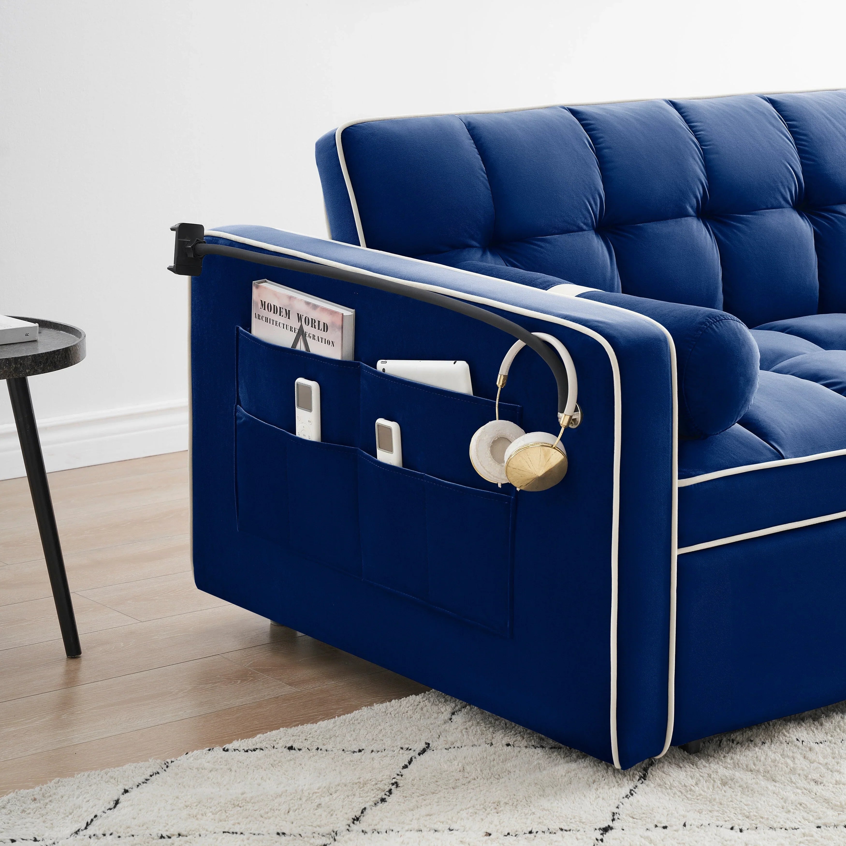 Divano letto trasformabile a 2 posti in velluto da 140 cm con letto estraibile, reclinabile, tasche laterali e supporto per telefono