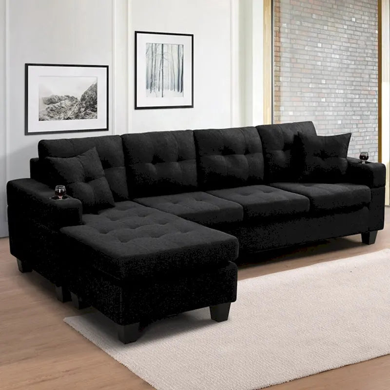 Divano componibile da soggiorno con chaise longue a L e portabicchieri
