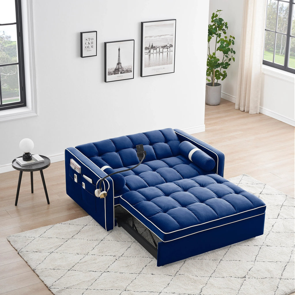 Divano letto trasformabile a 2 posti in velluto da 140 cm con letto estraibile, reclinabile, tasche laterali e supporto per telefono