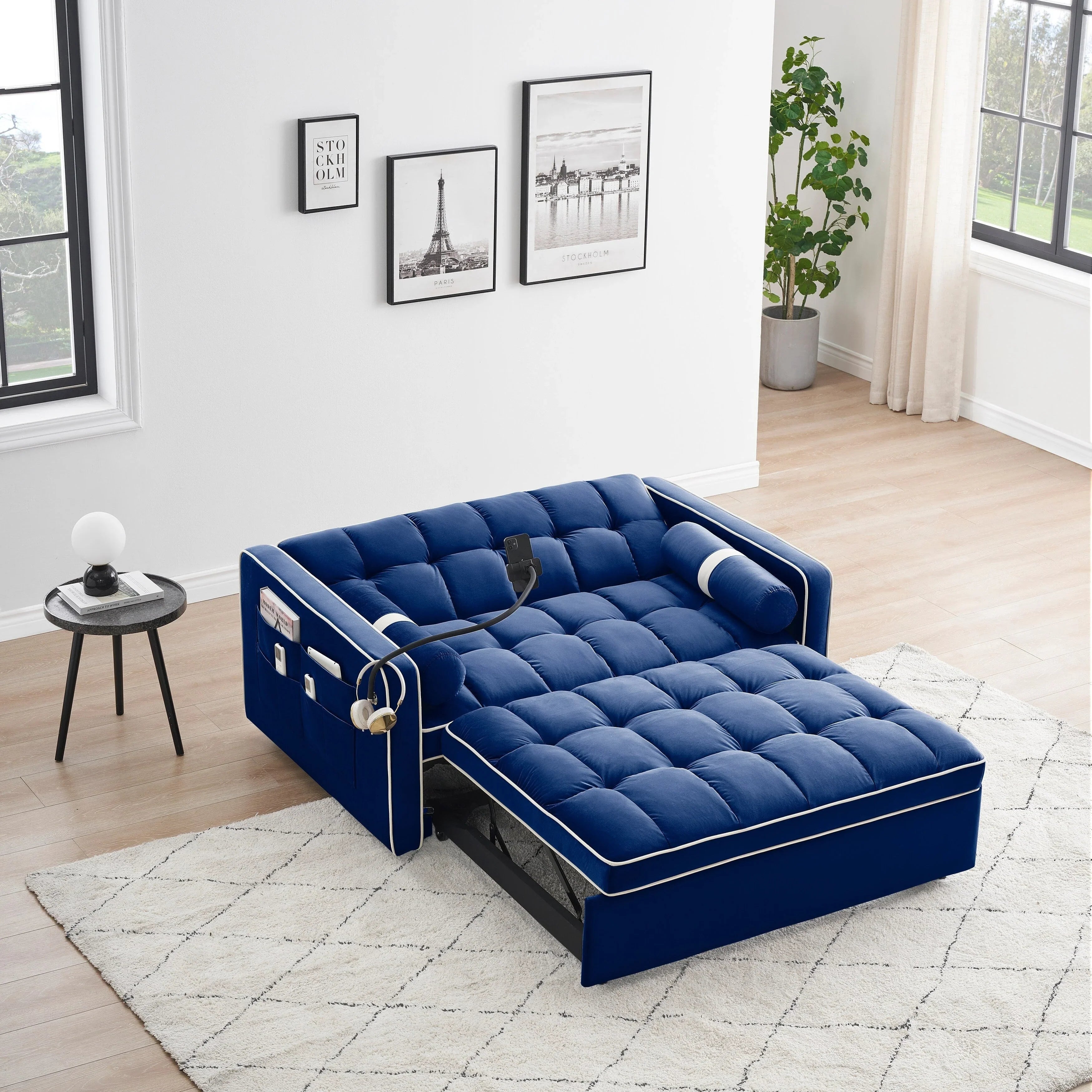 Divano letto trasformabile a 2 posti in velluto da 140 cm con letto estraibile, reclinabile, tasche laterali e supporto per telefono