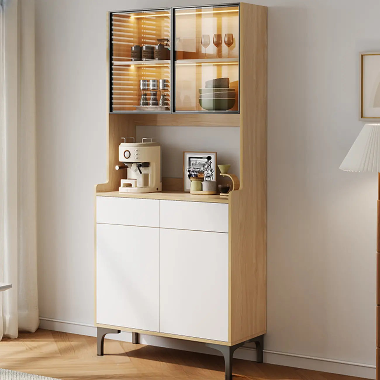 Large Wood Glass Doors Cabinet Sideboard with Hutch Top
