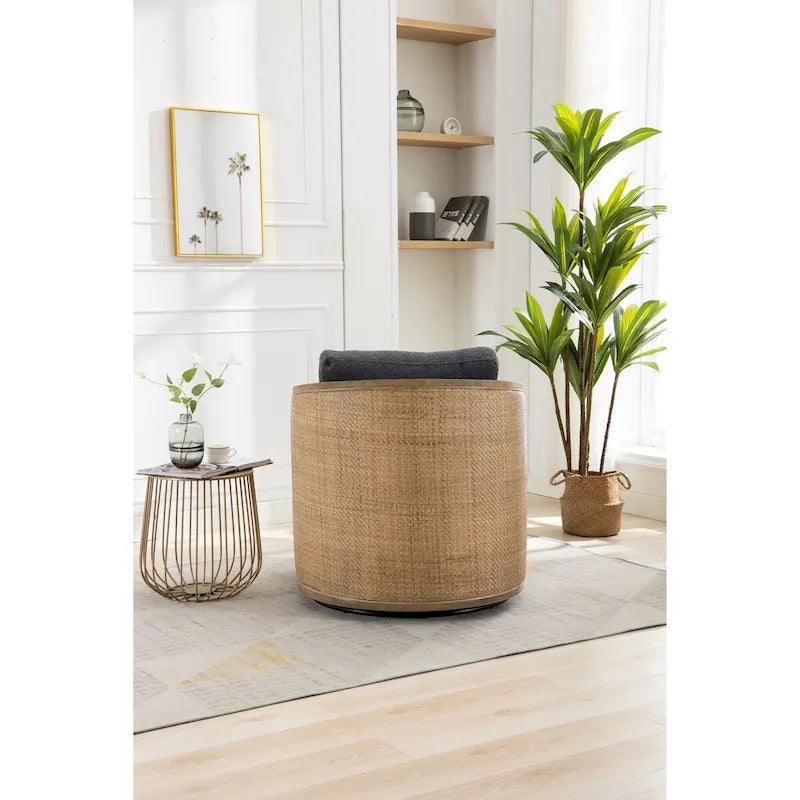 Poltrona a botte girevole, comoda poltrona rotonda d'accento, poltrona club a botte girevole a 360 gradi, poltrona relax con struttura in rattan intrecciato