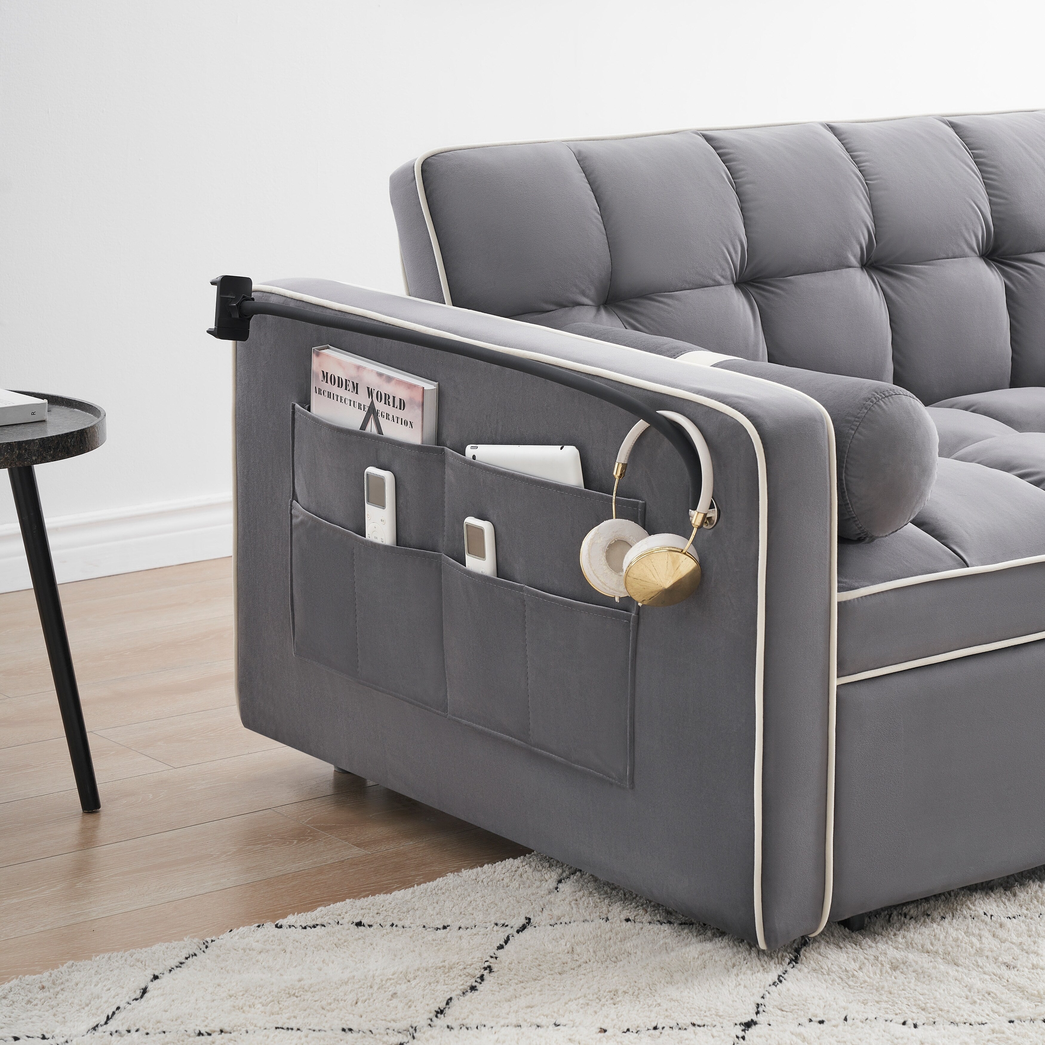 Divano letto trasformabile a 2 posti in velluto da 140 cm con letto estraibile, reclinabile, tasche laterali e supporto per telefono