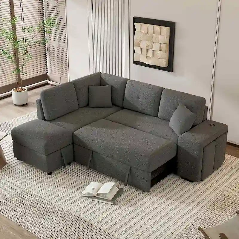 Divano componibile con letto estraibile e pouf contenitore, divano letto convertibile per soggiorno