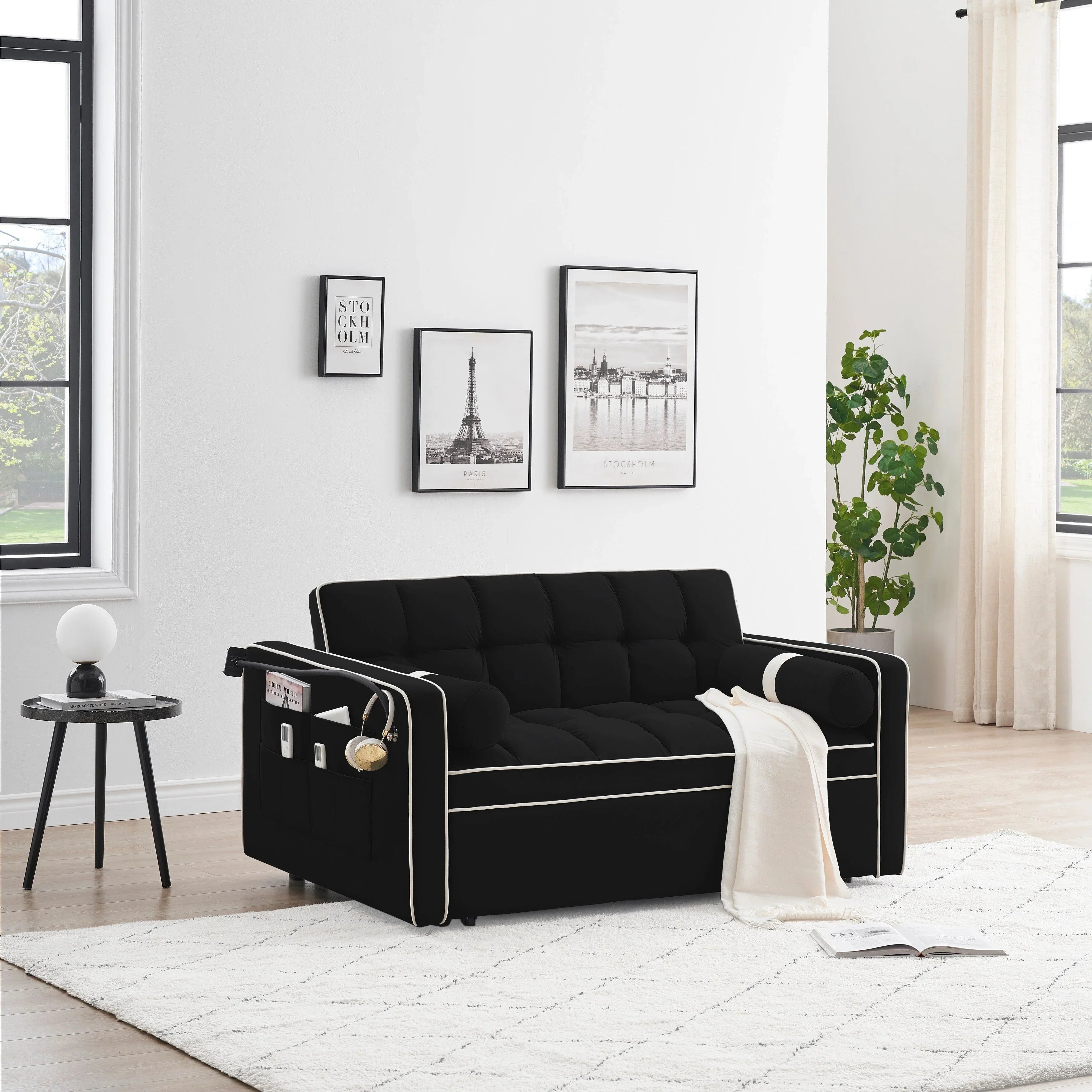 Divano letto trasformabile a 2 posti in velluto da 140 cm con letto estraibile, reclinabile, tasche laterali e supporto per telefono