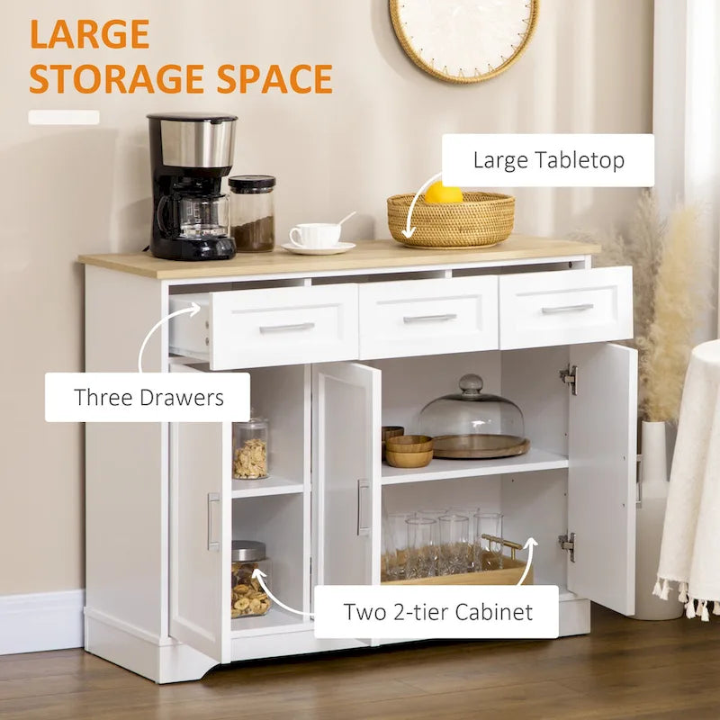 Credenza da Cucina Bianca con 3 Cassetti e Ripiano Regolabile