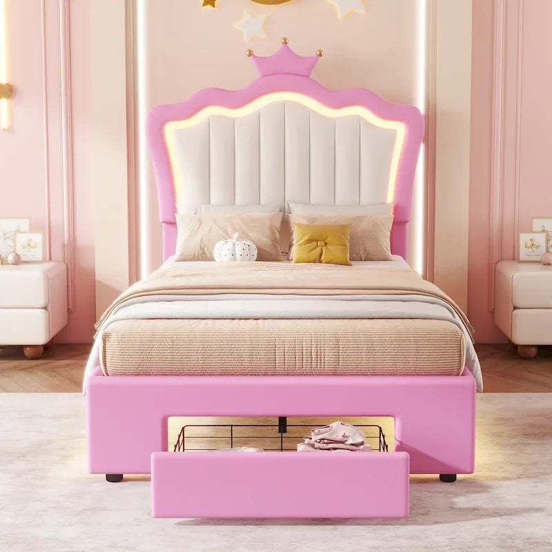 Letto Imbottito Singolo con Luci LED, Letto Imbottito Moderno da Principessa con Testiera a Corona, un Cassetto, Rosa+Bianco