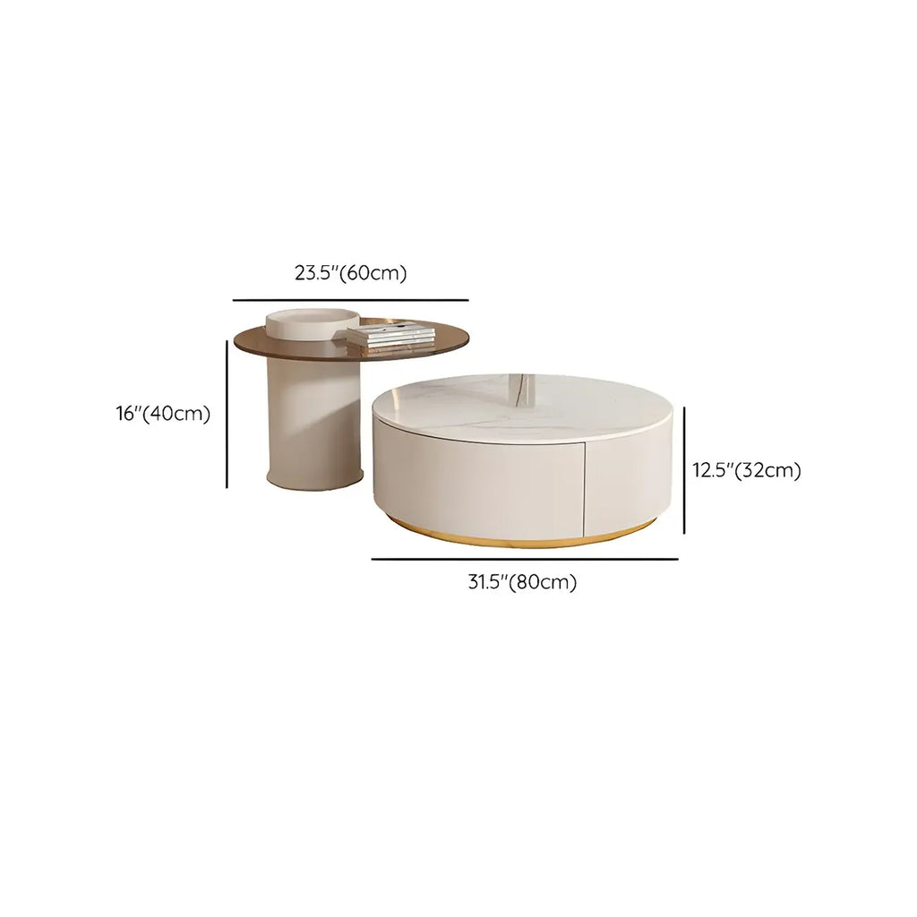 Tavolino da Caffè Rotondo Moderno Bianco in Legno con Cassetto a Tamburo