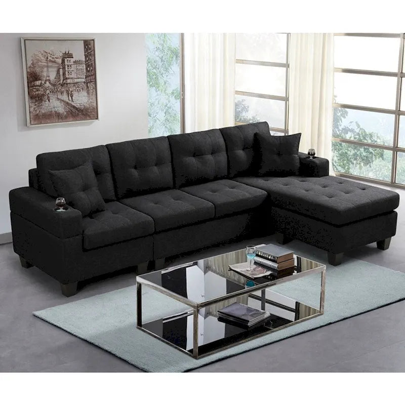 Divano componibile da soggiorno con chaise longue a L e portabicchieri