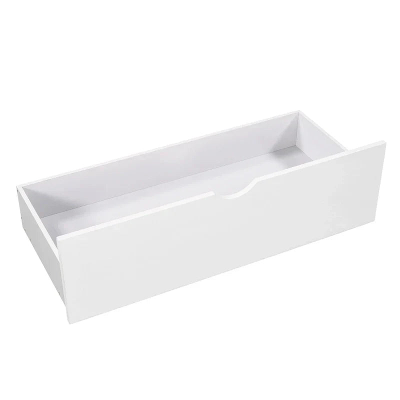 Letto a piattaforma a L moderno bianco per cameretta, dimensioni singole, con letto estraibile e cassetti