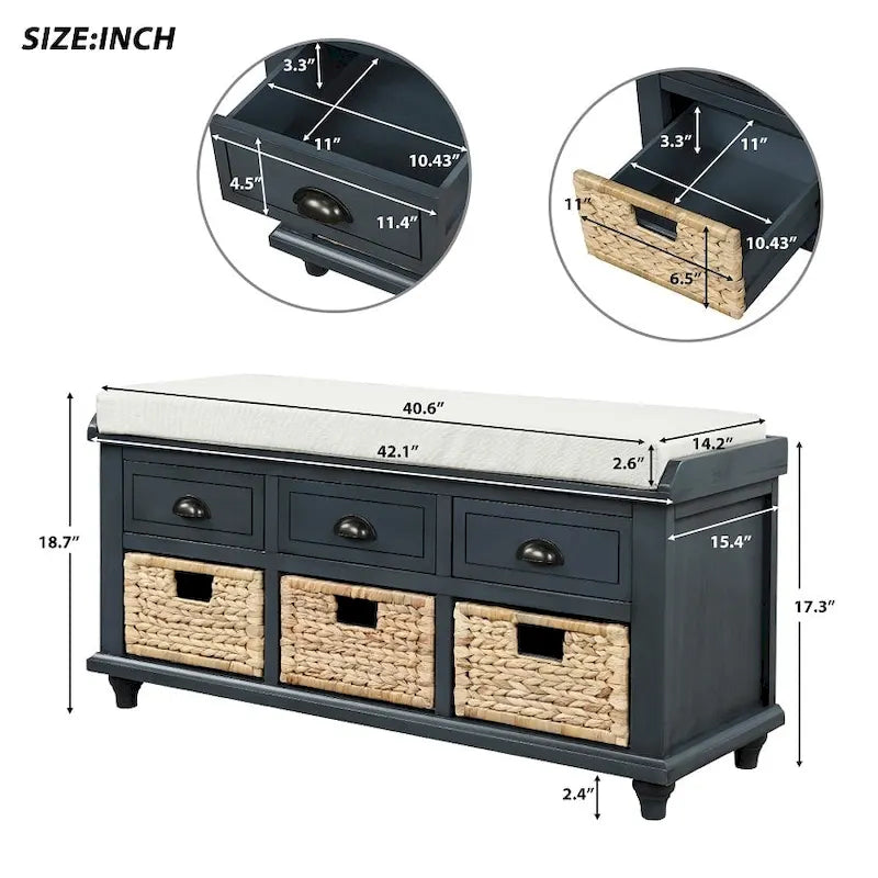 Panca rustica contenitore con 3 cassetti e 3 cesti in rattan, panca portascarpe per soggiorno, ingresso