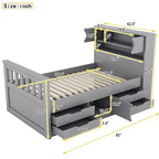 Letto a piattaforma Twin/Full Size Captain con 4 cassetti e mensole portaoggetti, struttura letto in legno massello con testiera libreria contenitore