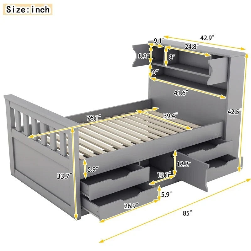Letto a piattaforma Twin/Full Size Captain con 4 cassetti e mensole portaoggetti, struttura letto in legno massello con testiera libreria contenitore
