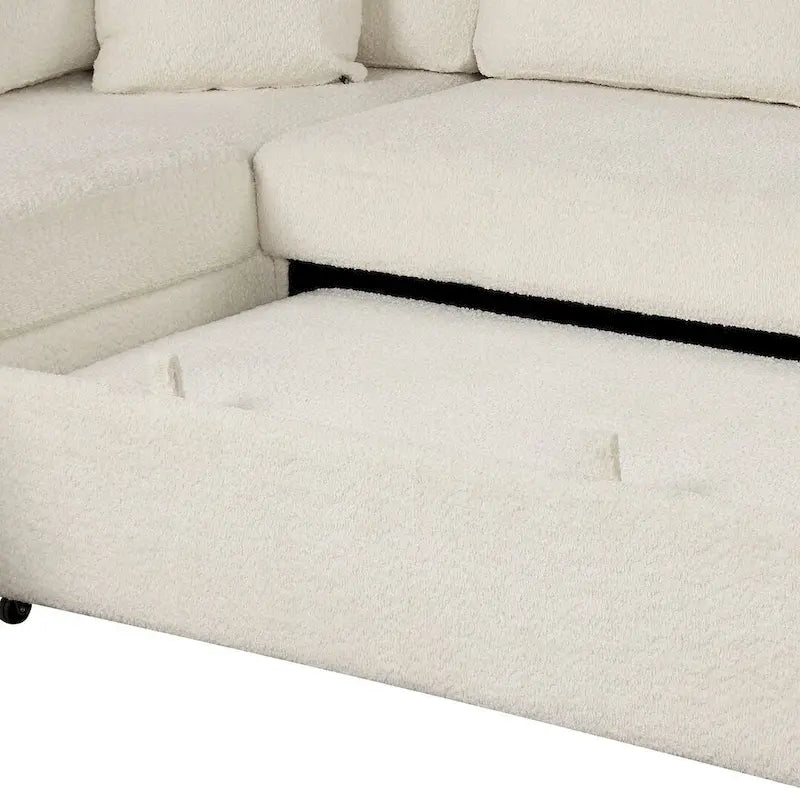 Divano componibile con letto estraibile e pouf contenitore, divano letto convertibile per soggiorno