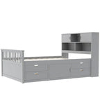 Letto a piattaforma Twin/Full Size Captain con 4 cassetti e mensole portaoggetti, struttura letto in legno massello con testiera libreria contenitore