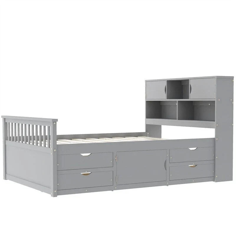 Letto a piattaforma Twin/Full Size Captain con 4 cassetti e mensole portaoggetti, struttura letto in legno massello con testiera libreria contenitore