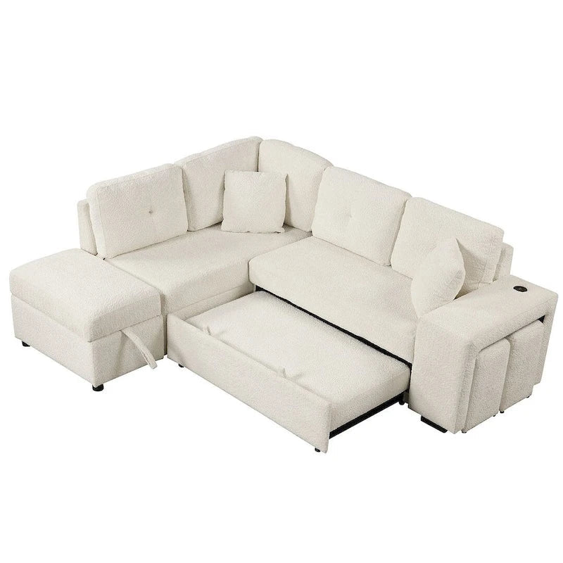 Divano componibile con letto estraibile e pouf contenitore, divano letto convertibile per soggiorno