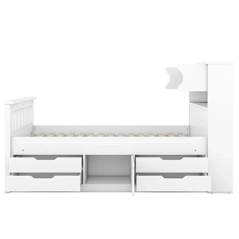 Letto a piattaforma Twin/Full Size Captain con 4 cassetti e mensole portaoggetti, struttura letto in legno massello con testiera libreria contenitore