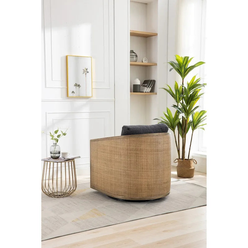Poltrona a botte girevole, comoda poltrona rotonda d'accento, poltrona club a botte girevole a 360 gradi, poltrona relax con struttura in rattan intrecciato