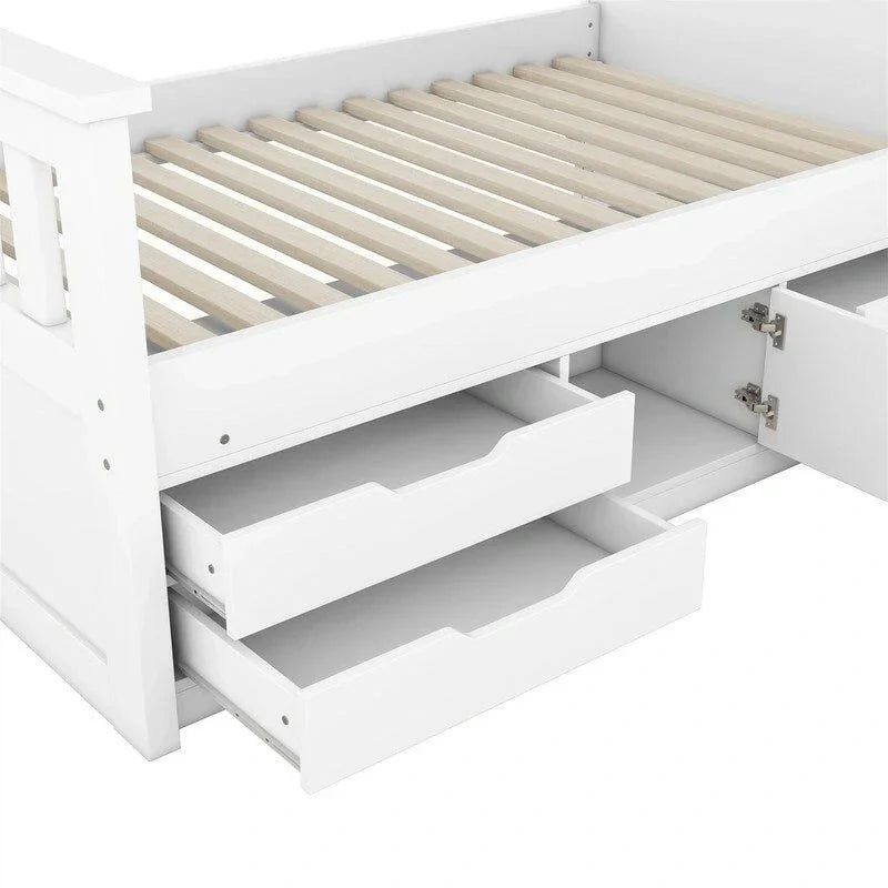 Letto a piattaforma Twin/Full Size Captain con 4 cassetti e mensole portaoggetti, struttura letto in legno massello con testiera libreria contenitore