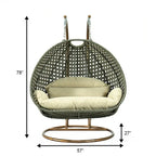 Sedia sospesa a dondolo a forma di uovo con supporto in metallo, telaio in vimini e cuscino – Beige / Blu antracite / Bianco / Blu / Bianco antico / Marrone / Tela, 2 posti