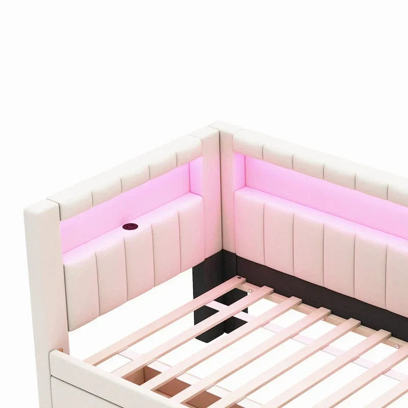 Letto imbottito a piattaforma con porte USB e illuminazione a LED - Struttura letto matrimoniale/singola con 2 cassetti portaoggetti - Camera da letto moderna