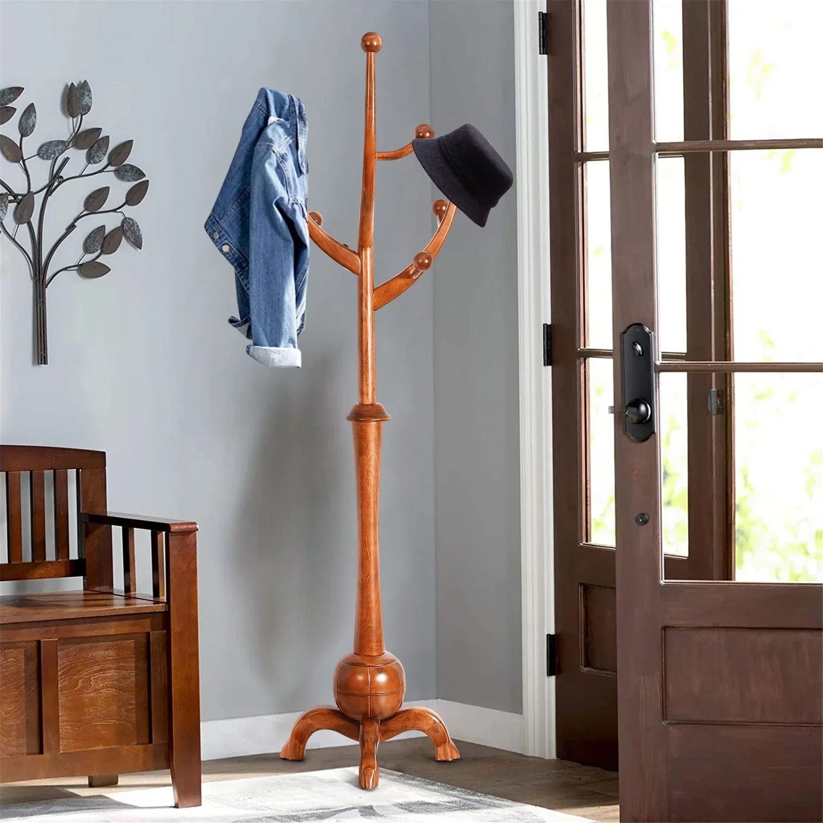 Appendiabiti da terra "ramo d'albero" in legno di gomma con 8 ganci - 24,5L x 70,87H
