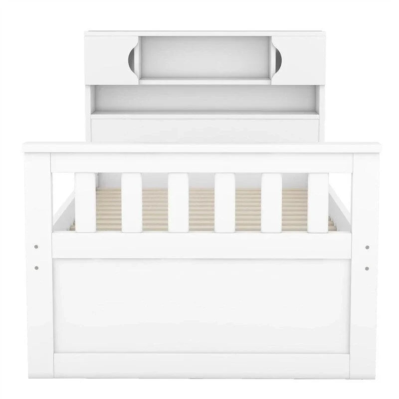 Letto a piattaforma Twin/Full Size Captain con 4 cassetti e mensole portaoggetti, struttura letto in legno massello con testiera libreria contenitore