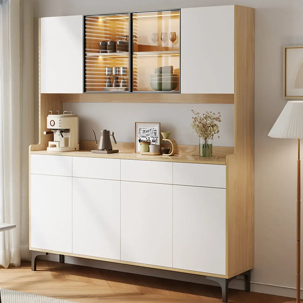 Large Wood Glass Doors Cabinet Sideboard with Hutch Top