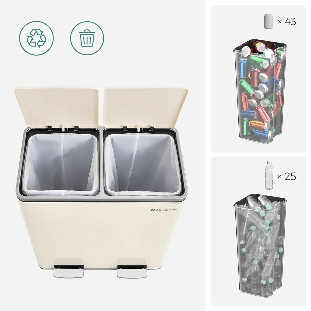 SONGMICS Pattumiera Doppia, 60L (16 Gallon) Contenitore per la Spazzatura in Acciaio Inossidabile, Mandorla