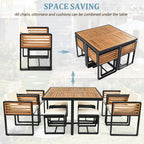Set da pranzo da esterno in legno di acacia da 18 pezzi, 8 sedie imbottite e 8 pouf e 2 tavoli quadrati
