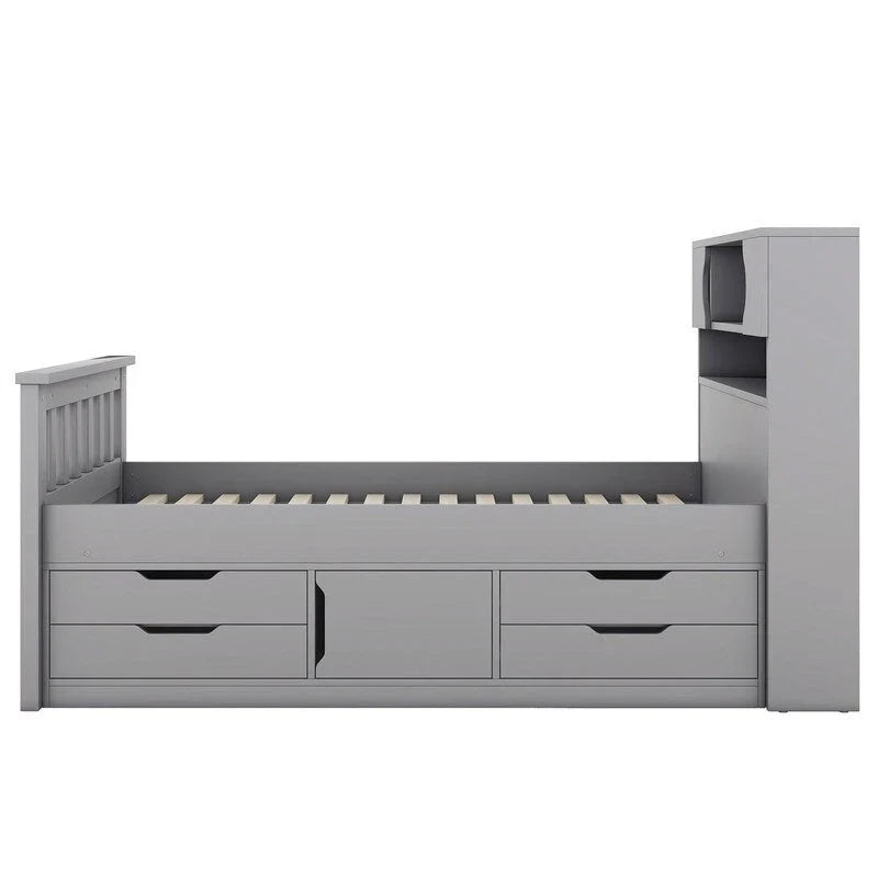 Letto a piattaforma Twin/Full Size Captain con 4 cassetti e mensole portaoggetti, struttura letto in legno massello con testiera libreria contenitore