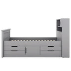 Letto a piattaforma Twin/Full Size Captain con 4 cassetti e mensole portaoggetti, struttura letto in legno massello con testiera libreria contenitore